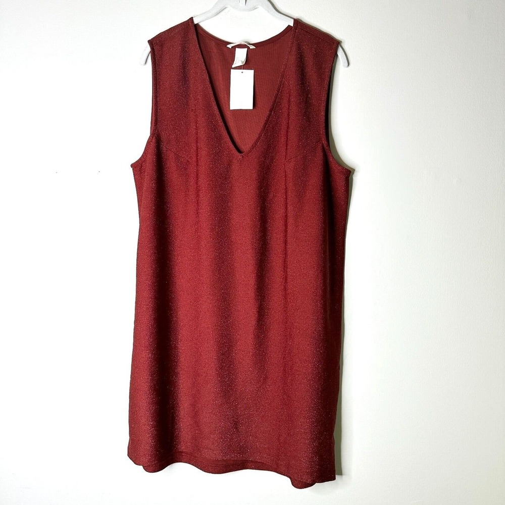 H&M Dress Women L Red Metallic‎ Mini V-neck Sleeveless Shift Shimmery Party NWT